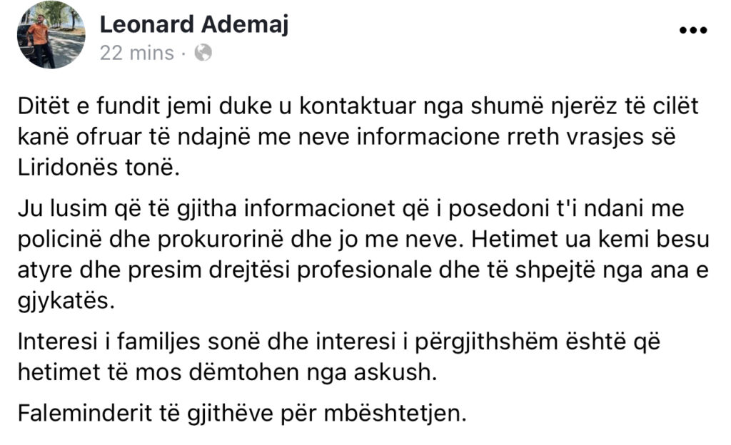 Vëllai i Liridonës ka një thirrje me rëndësi për të gjithë ata që kanë informata për vrasjen e motrës së tij